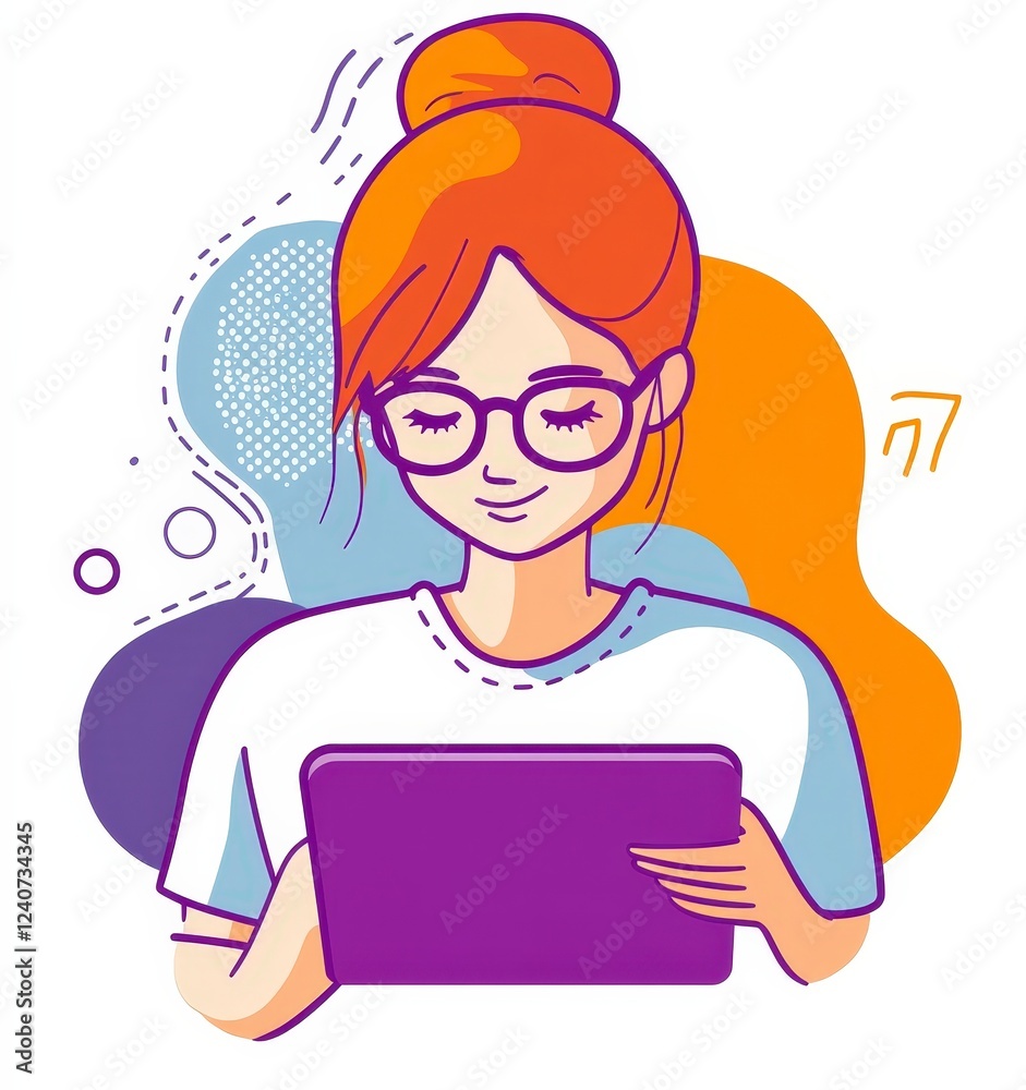 Attractive Young Woman Using Tablet Device in Modern Style Illustration Attractive Young Woman Using Tablet Device in Modern Style Illustration
