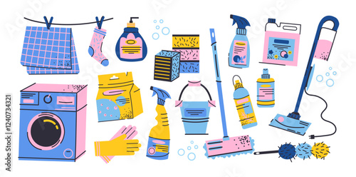 Elements of house cleaning. Sponge, brush, spray, rag, vacuum cleaner, cleaners. Vector retro illustration of disinfection and cleanliness