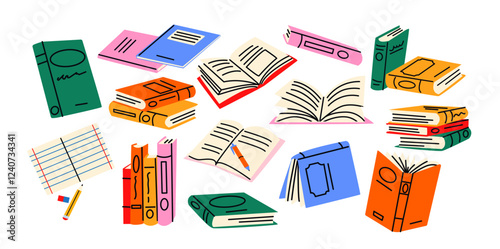 Stack of books and textbooks. Open books for learning and education. Bright cartoon notebooks, planners, dictionaries with literature. Retro stickers in the doodle 90s style 