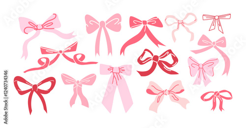 Cartoon ribbon bows accessories.Pink vintage girly pink bows for hair decoration.Cute trendy stickers set in coquette style