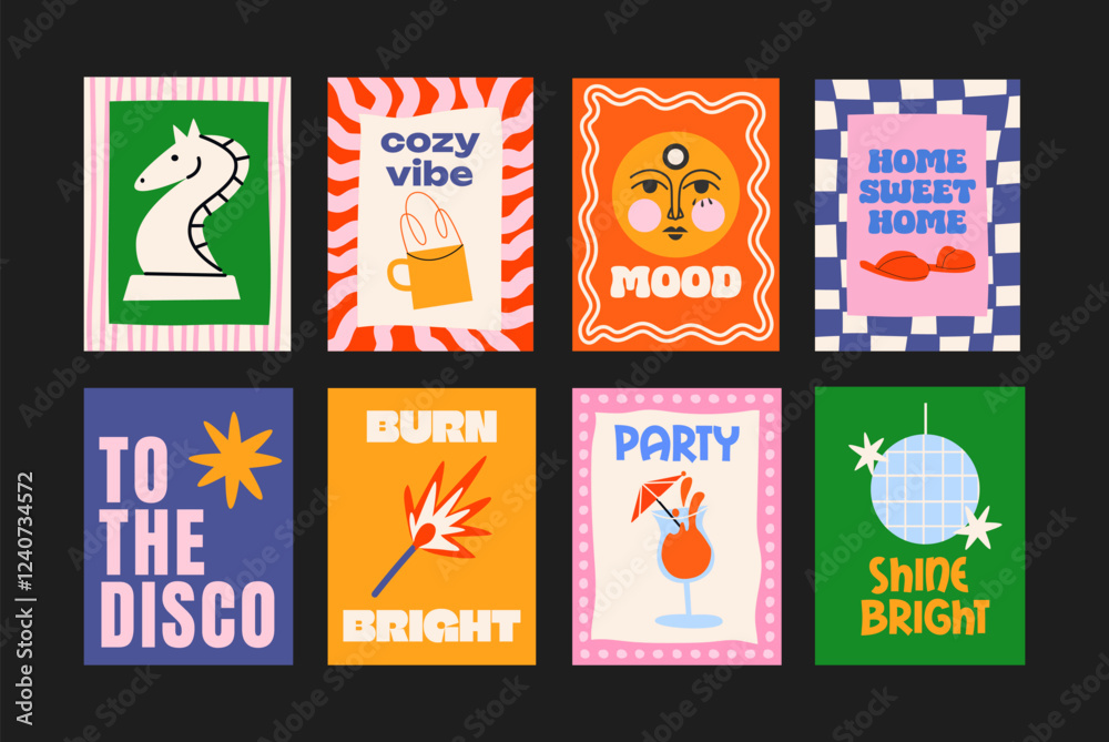 Fototapeta premium Abstract posters in a minimalist style. Wall decor, trendy banners of summer, flowers , cocktails, disco, animals in the cartoon style of Matisse. Decor of wallpaper, walls, print and postcards