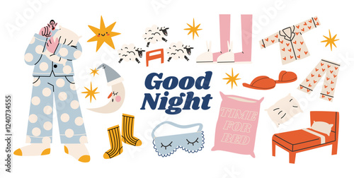 Cartoon good night stickers. Character in pajamas, cozy bed, pillows, moon, bedtime. Trendy night illustrations in doodle retro style. Trendy tags, patches, labels