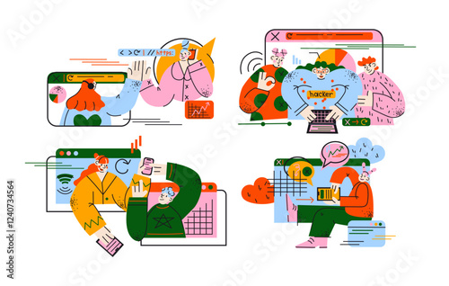 Cartoon characters with internet search bar and digital icons in memphis style. Surfing the Internet, website, online company. Search panel in the browser. Vector illustration