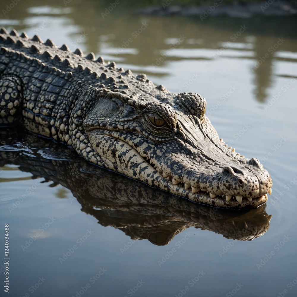 A crocodile’s reflection subtly visible on a glossy white surface. A crocodile’s reflection subtly visible on a glossy white surface.