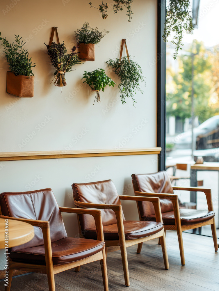 Fototapeta premium Empty leather chairs sitting in modern coffee shop with hanging plants