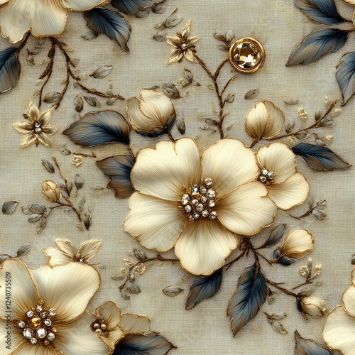 Seamless beautiful beige decorative flowers with jewellery pattern