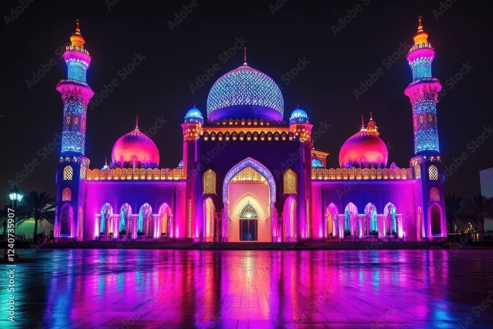 Obraz premium Colorful Mosque at Night with Vibrant Lights