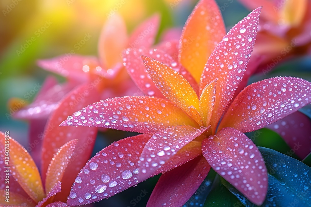Vibrant Tropical Flowers with Dewdrops in Sunlit Garden - Perfect for Poster or Card Design Vibrant Tropical Flowers with Dewdrops in Sunlit Garden - Perfect for Poster or Card Design