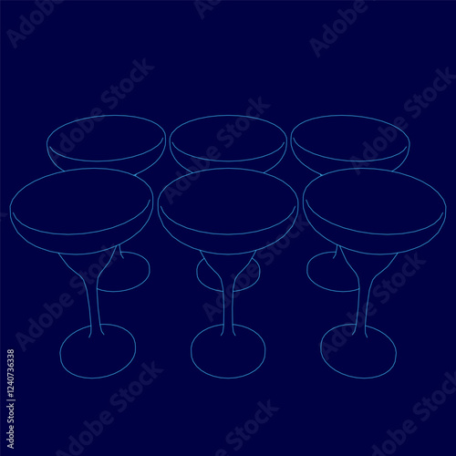 A series of six glasses are shown in a blue background. The glasses are all the same shape and size, and they are all lined up in a row. The image has a minimalist and modern feel to it