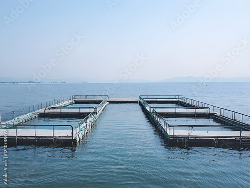 Wallpaper Mural Wide shot of an oyster farm in the middle distance, on flat sea sand, with a flat horizon line. Hyper-realistic photography.  Torontodigital.ca