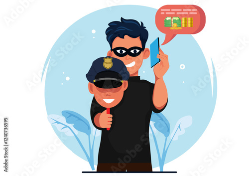 Scammers impersonate police to defraud and transfer victims' money into their personal accounts. Vector illustration