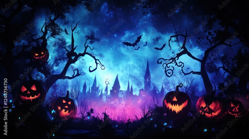 Spooky Halloween pumpkins forest castle night Spooky Halloween pumpkins forest castle night
