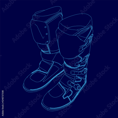 The image is a blue drawing of two boots. The boots are designed to be worn for outdoor activities, such as hiking or camping. The boots are made of a durable material