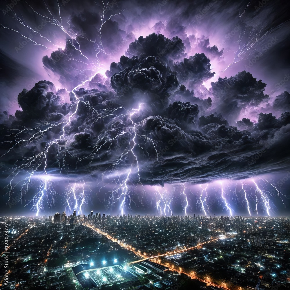 A dramatic, wide shot captures a sprawling cityscape at night, overtaken by a powerful thunderstorm.
A dramatic, wide shot captures a sprawling cityscape at night, overtaken by a powerful thunderstorm.