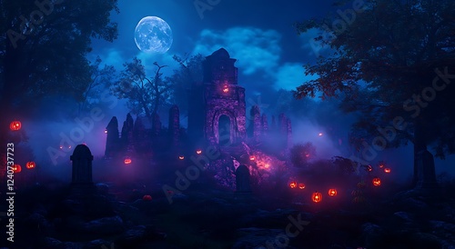 Enchanted Halloween Ruins with Jack-o'-Lanterns A mystical Halloween scene featuring ancient ruins bathed in moonlight with glowing jack-o'-lanterns nestled amongst the stones creating a magical and s photo