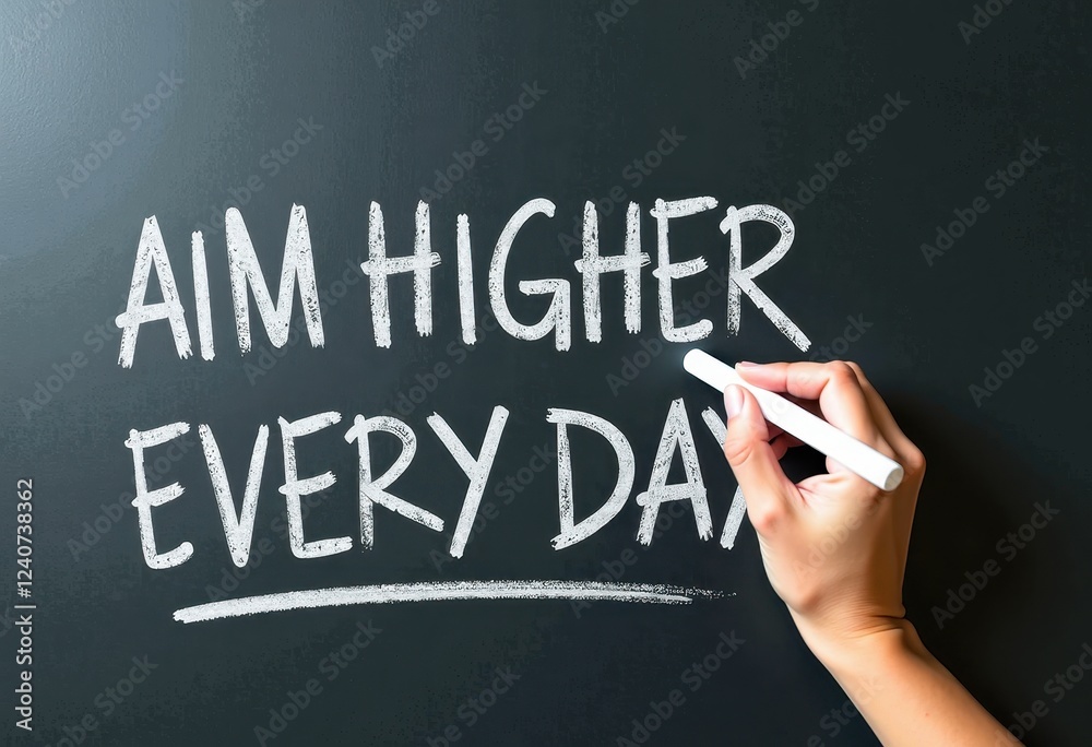 Aim Higher Every Day Handwriting on Blackboard by a ChalkWielding Hand Motivational quotes best for wall art or print Aim Higher Every Day Handwriting on Blackboard by a ChalkWielding Hand Motivational quotes best for wall art or print