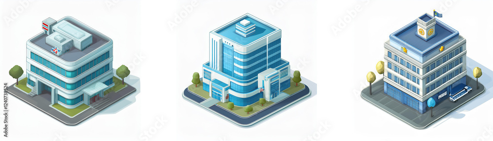 Fototapeta premium Isometric view of three modern buildings; one possibly a hospital, another an office building, and a third possibly a government building. Surrounding landscaping includes small trees.