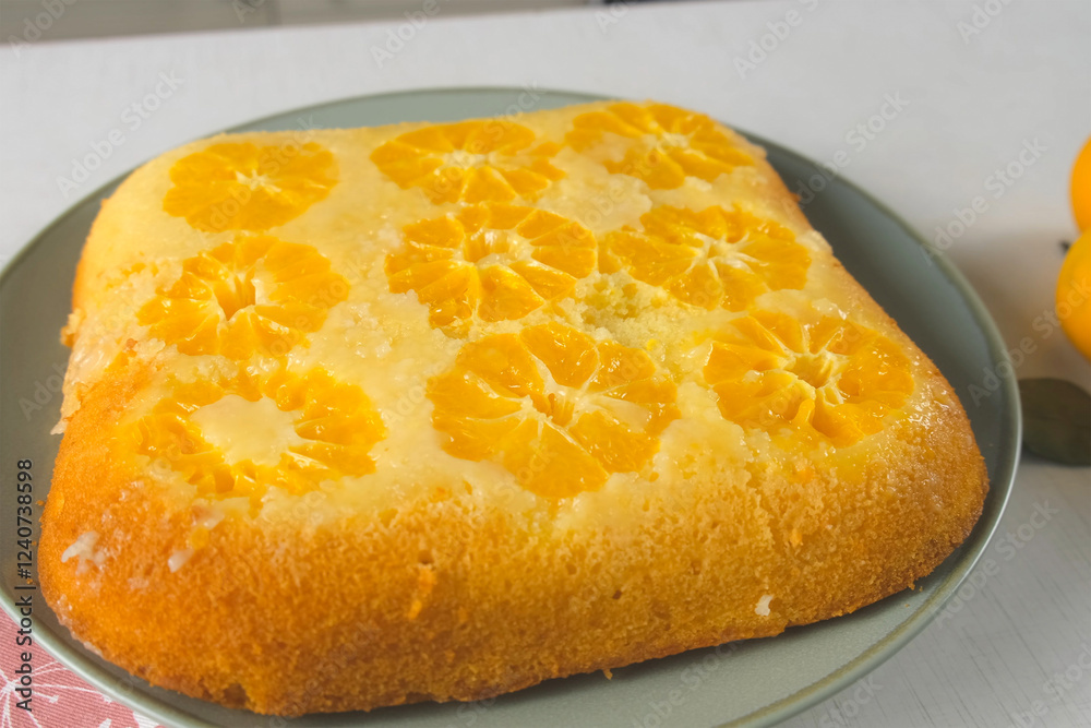 Delicious just baked tangerine biscuit cake rotating on a plate on kitchen. Professional pastry chef preparing citrus orange dessert, cooking homemade sponge cake pie. Culinary, cuisine, recipe. Delicious just baked tangerine biscuit cake rotating on a plate on kitchen. Professional pastry chef preparing citrus orange dessert, cooking homemade sponge cake pie. Culinary, cuisine, recipe.