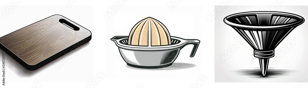 Three kitchen utensils are shown as icons: a cutting board, a citrus juicer, and a funnel. Three kitchen utensils are shown as icons: a cutting board, a citrus juicer, and a funnel.