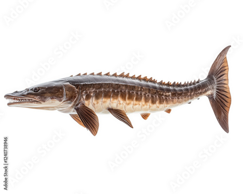 majestic sturgeon with long snout, showcasing its unique features and textures, isolated on transparency background. This fish is known for its impressive size and ancient lineage