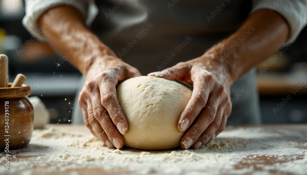 Hands Of A Skilled Baker Kneading Fresh Dough On A Wooden Surface In A Cozy Rustic Kitchen With Flour Dust In The Air And Soft Warm Lighting Hands Of A Skilled Baker Kneading Fresh Dough On A Wooden Surface In A Cozy Rustic Kitchen With Flour Dust In The Air And Soft Warm Lighting
