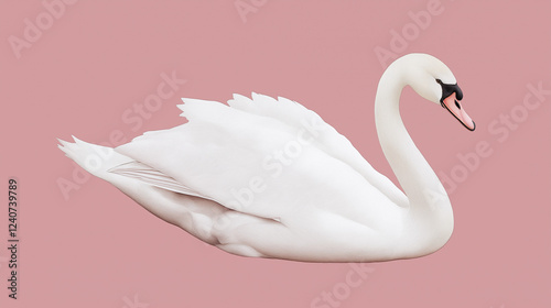 white swan  with white feathers isolated on mauve background