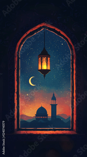 Islamic Art Depiction of Ramadan Lantern and Crescent Moon