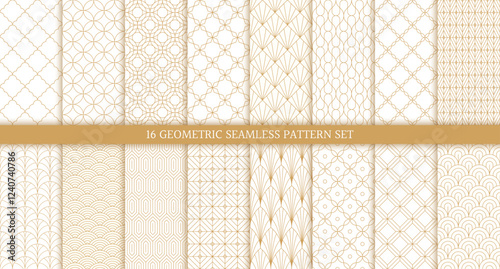 Vector set of 16 ornate seamless geometric pattern background with golden line in oriental and art deco style such as seashell, fan, arch, scale, wave, hexagon, square rhombus, diamond with swatch.