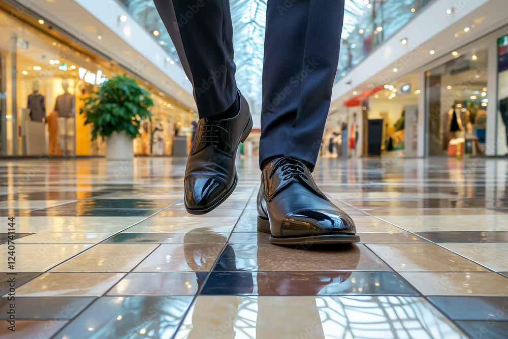 Obraz premium Close-up of polished leather dress shoes walking through a shopping mall with tailored trousers and reflective tiles