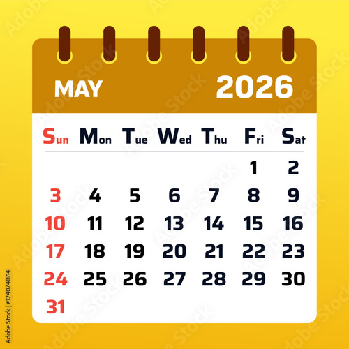 May 2026 Monthly Calendar and Planner, Strategic may 2026 Time Planner.  Yellow may 2026 Calendar and Productivity Map. Flat design. Vector illustration.