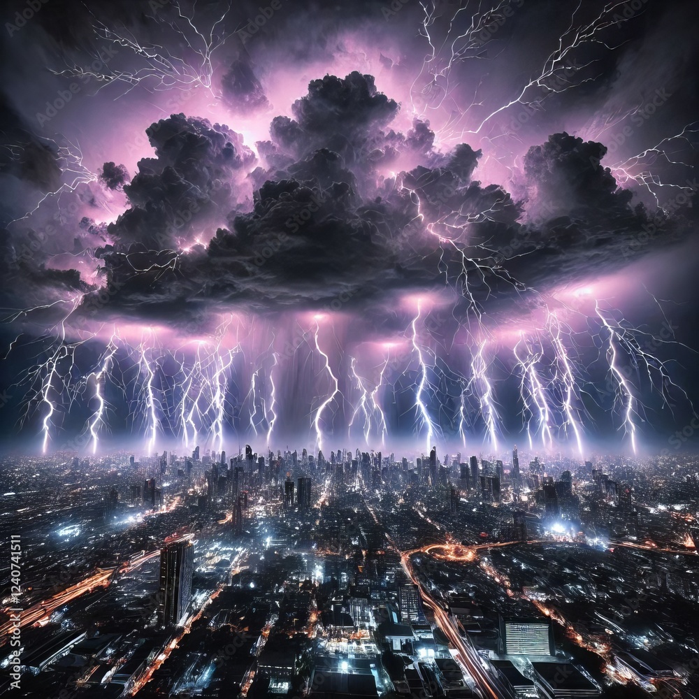 A dramatic, wide shot captures a sprawling cityscape at night, overtaken by a powerful thunderstorm.
A dramatic, wide shot captures a sprawling cityscape at night, overtaken by a powerful thunderstorm.