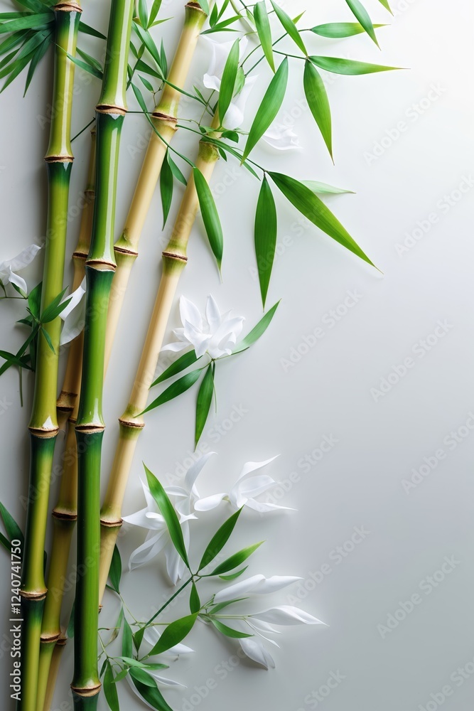 Naklejka premium Bamboo stalks with green leaves and white flowers on a bright white backdrop
