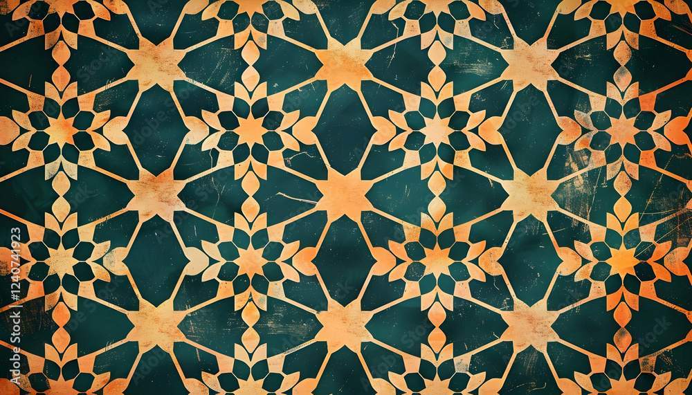 Intricate geometric pattern with star motifs in warm tones against a dark background, ideal for textile design Intricate geometric pattern with star motifs in warm tones against a dark background, ideal for textile design