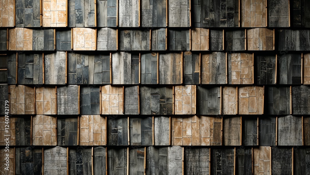 Detailed wooden blocks arranged in repetitive pattern with tan and charcoal colors Detailed wooden blocks arranged in repetitive pattern with tan and charcoal colors