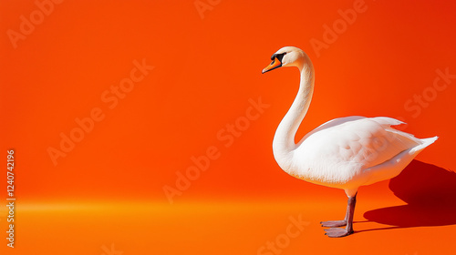 white swan  with white feathers isolated on orange background