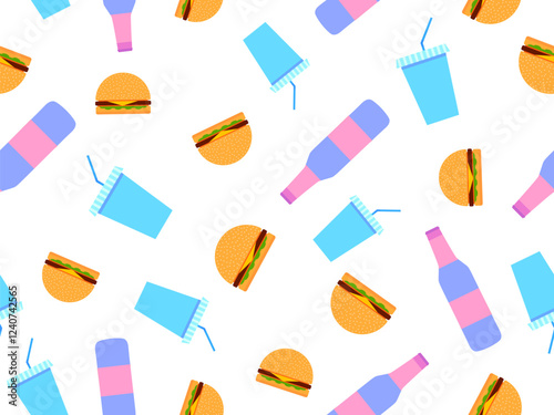 Fast food seamless pattern with burgers, soda and bottled drinks. Paper cups with carbonated drinks and cheeseburgers. Design for wrappers, wallpapers, covers, banners and posters. Vector illustration