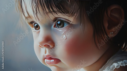 A close-up of a baby girl with a single tear rolling down her cheek, capturing an emotionally heartbreaking and tender moment.