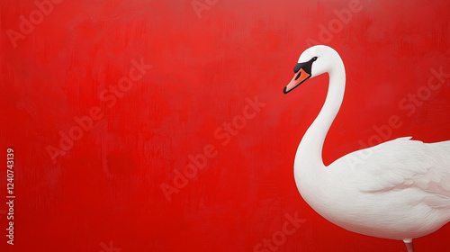 white swan  with white feathers isolated on red  background