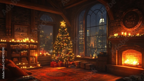 Cozy Christmas loft room with city view, candles, and presents photo