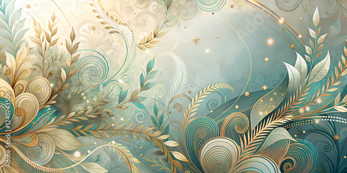 Abstract Floral Art with Golden Leaves and Swirling Patterns