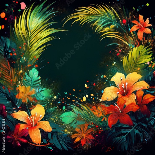 border frame beautiful palm tree leaves and jungle flowers on black background; copy space for your text