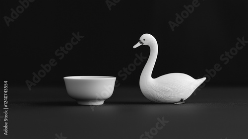 white swan  with white feathers and a bowl next to it  isolated on black   background