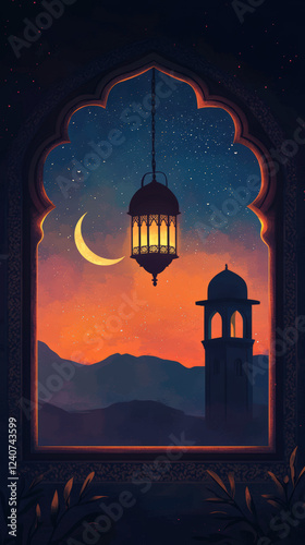 Illuminated Lantern and Crescent Moon Over Islamic Scenery