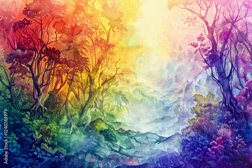 Wallpaper Mural Rainbow background. Colorful forested landscape with whimsical trees. Scene evokes fantasy, surreal vibes, and artistic creativity. Perfect for backgrounds, illustrations or storytelling Torontodigital.ca