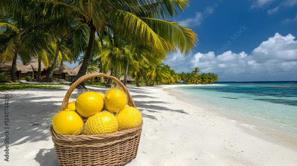 Tropical Getaway, Sun-Kissed Lemons in a Beach Basket near Idyllic Ocean Tropical Getaway, Sun-Kissed Lemons in a Beach Basket near Idyllic Ocean