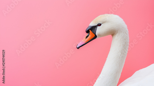 white swan  with white feathers isolated on pink  background