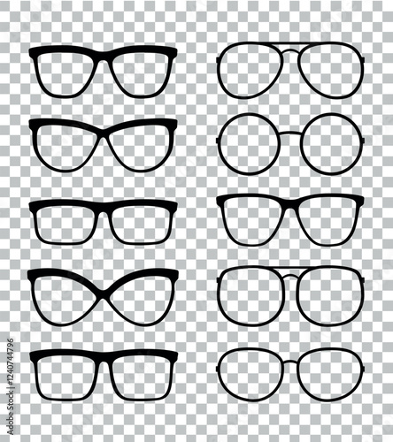 Set of isolated transparent eyeglasses, sunglasses