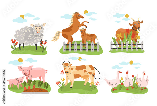 Illustrated Farm Animals in a Pastoral Setting