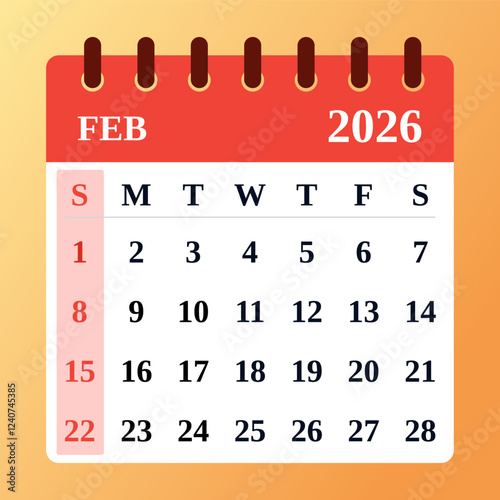 February 2026 Calendar and Productivity Map. Red february 2026 Monthly Calendar and Planner, Strategic Feb 2026 Time Planner. Flat design. Vector illustration.