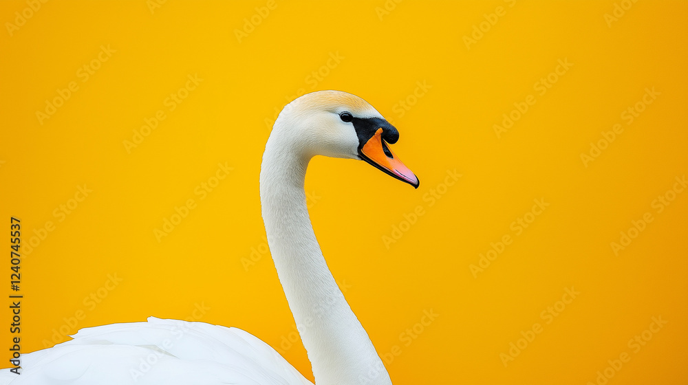 Fototapeta premium white swan with white feathers isolated on yellow background
